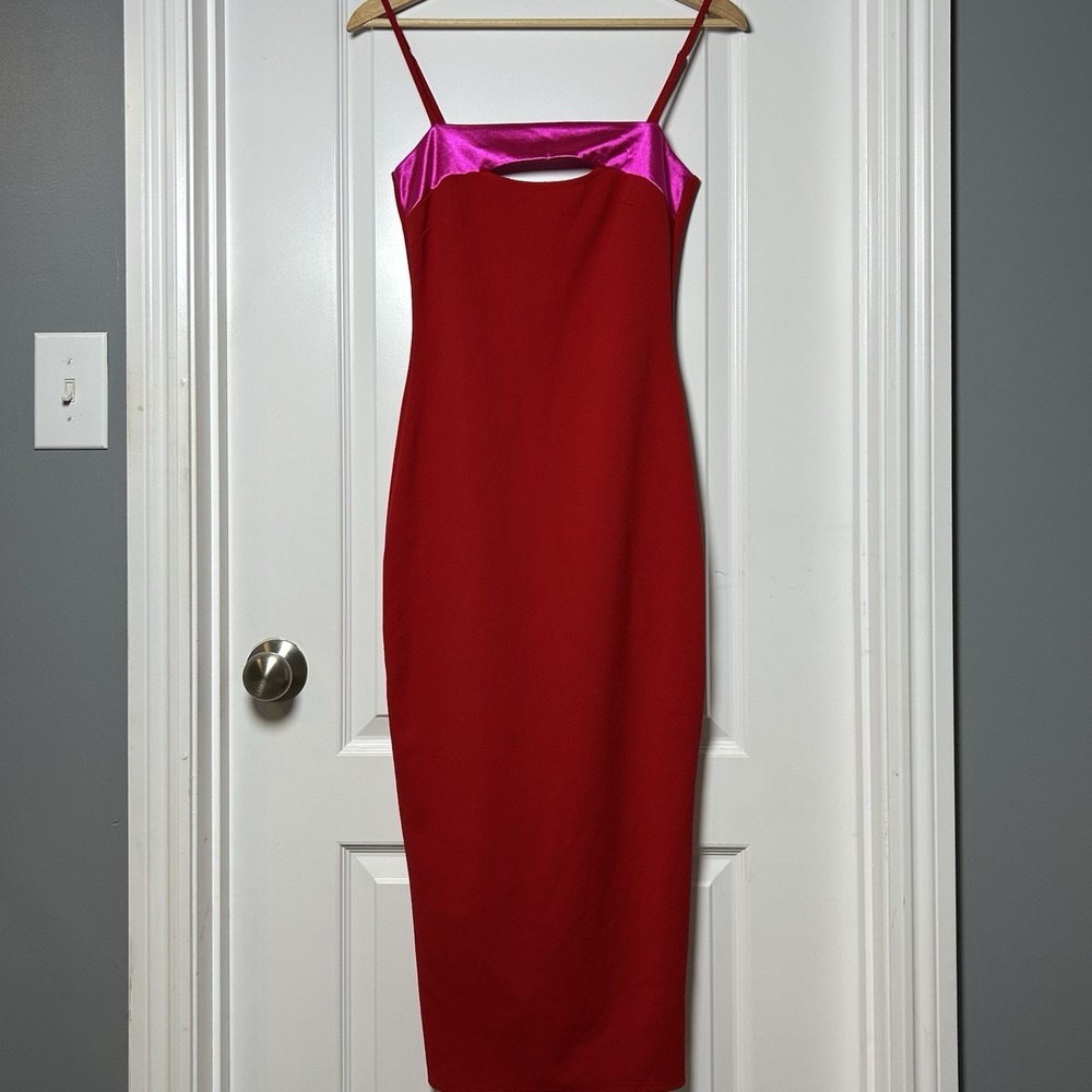 Blush Boutique Red Pink Colorblockโ Cutout Spaghetti Strap Bodycon Midi Dress
